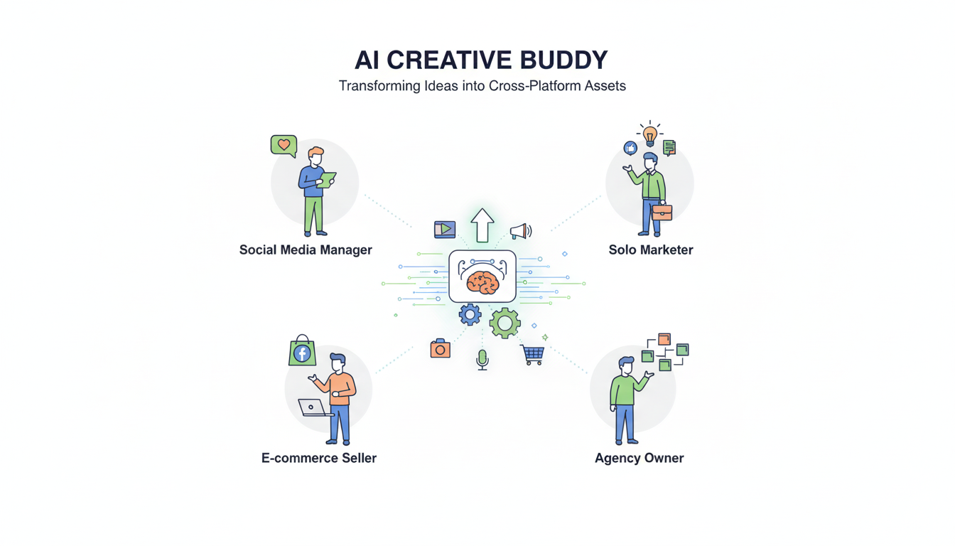 Diverse professionals leverage an AI Creative Buddy for swift, multi-platform content generation 图片