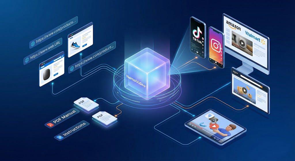 Futuristic illustration of AI transforming product assets into marketing videos tools-apps/blogs/01b20615-1a51-4629-b9a1-2ea4e0c21aa3.png