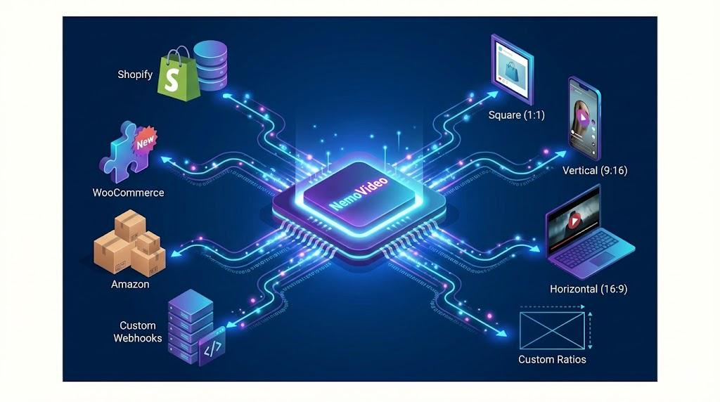 Sleek isometric infographic visualizing NemoVideo's ecosystem from inputs to outputs tools-apps/blogs/069915e5-fd8c-4634-b267-40fecc831b7d.png