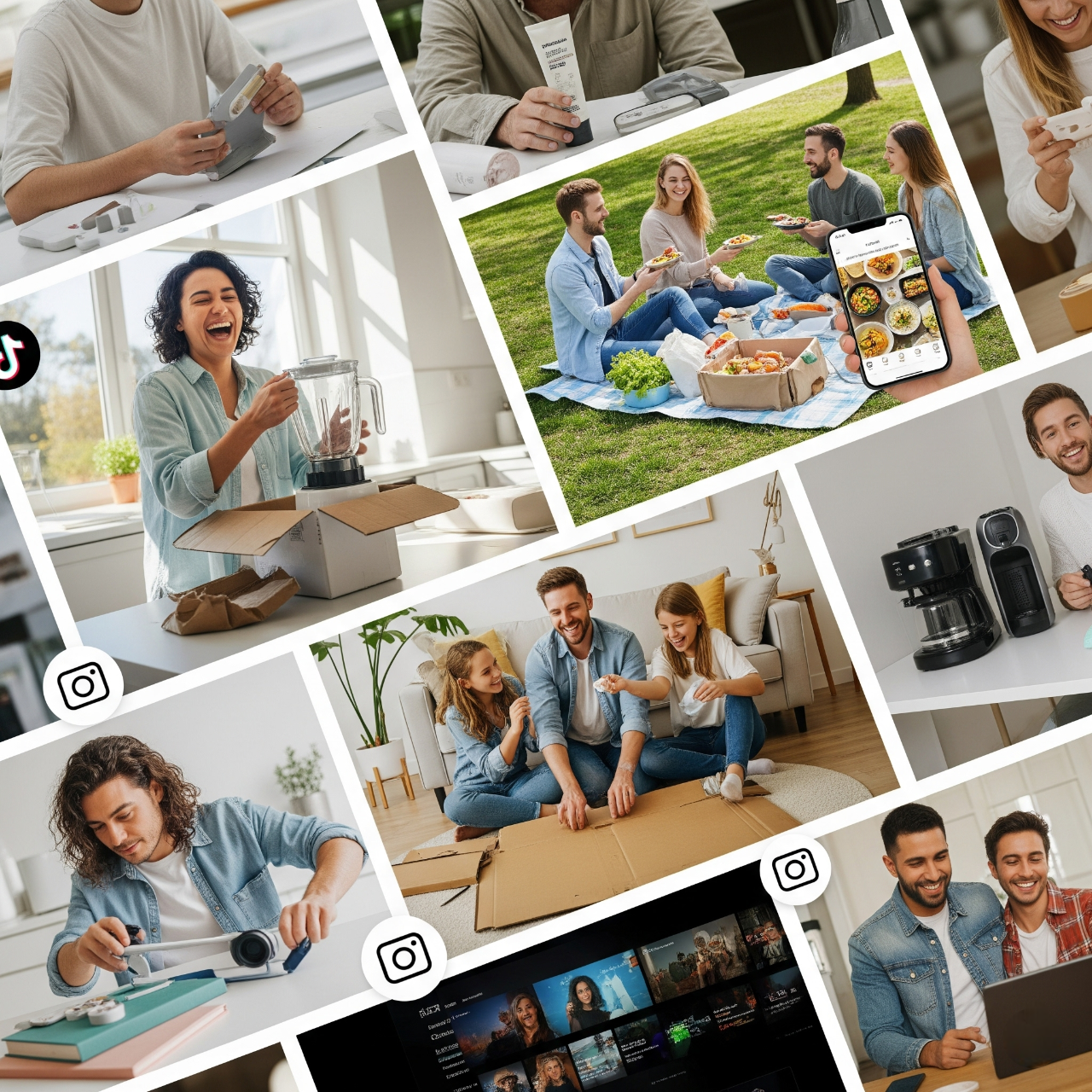 A vibrant, unpolished collage of diverse people enjoying products, with social icons highlighting the UGC vibe. tools-apps/blogs/0d458a1c-0e59-4b8d-b425-a6a59ee88c91.png