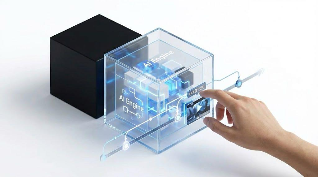 3D isometric glass cube illustrating transparent white-box AI video editing tools-apps/blogs/3541c9a1-092a-4673-9d33-ea5f990ec8a6.png