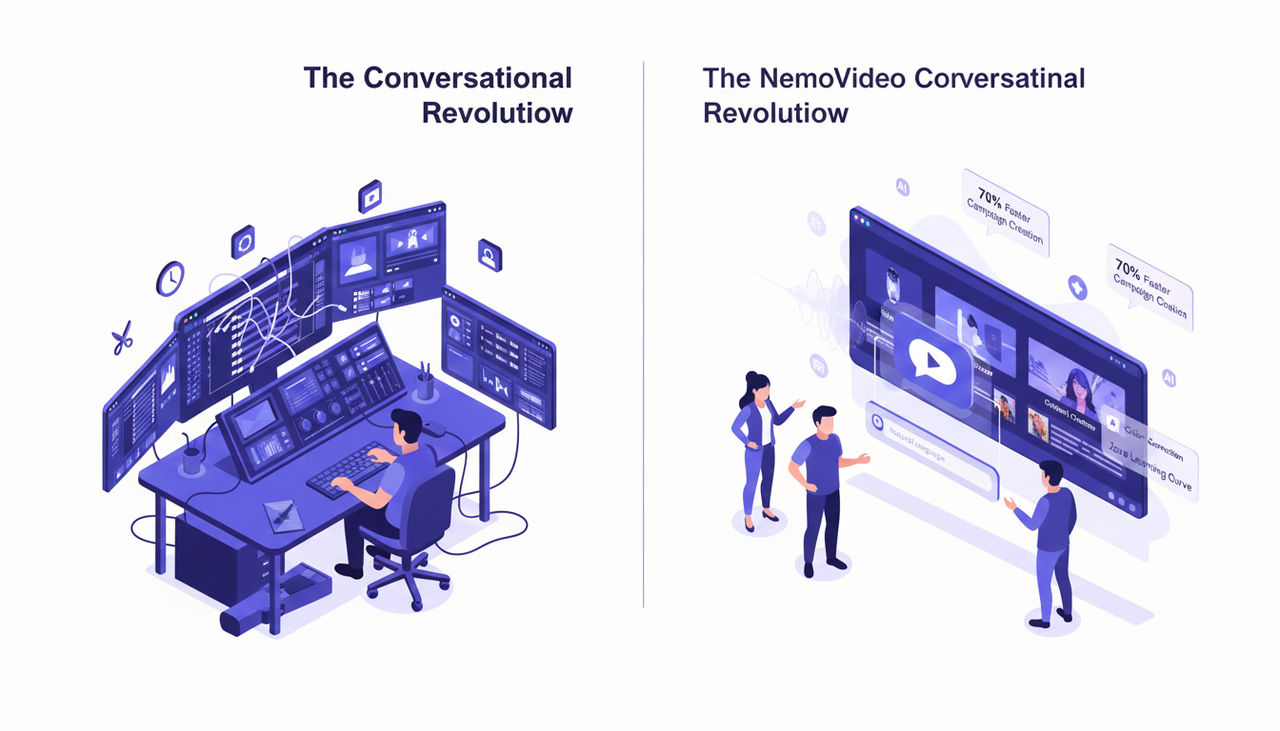 Split-screen showing manual editing complexity versus seamless AI-driven conversational flow tools-apps/blogs/3938554b-2d06-440b-acc8-f3292cdc60f7.png