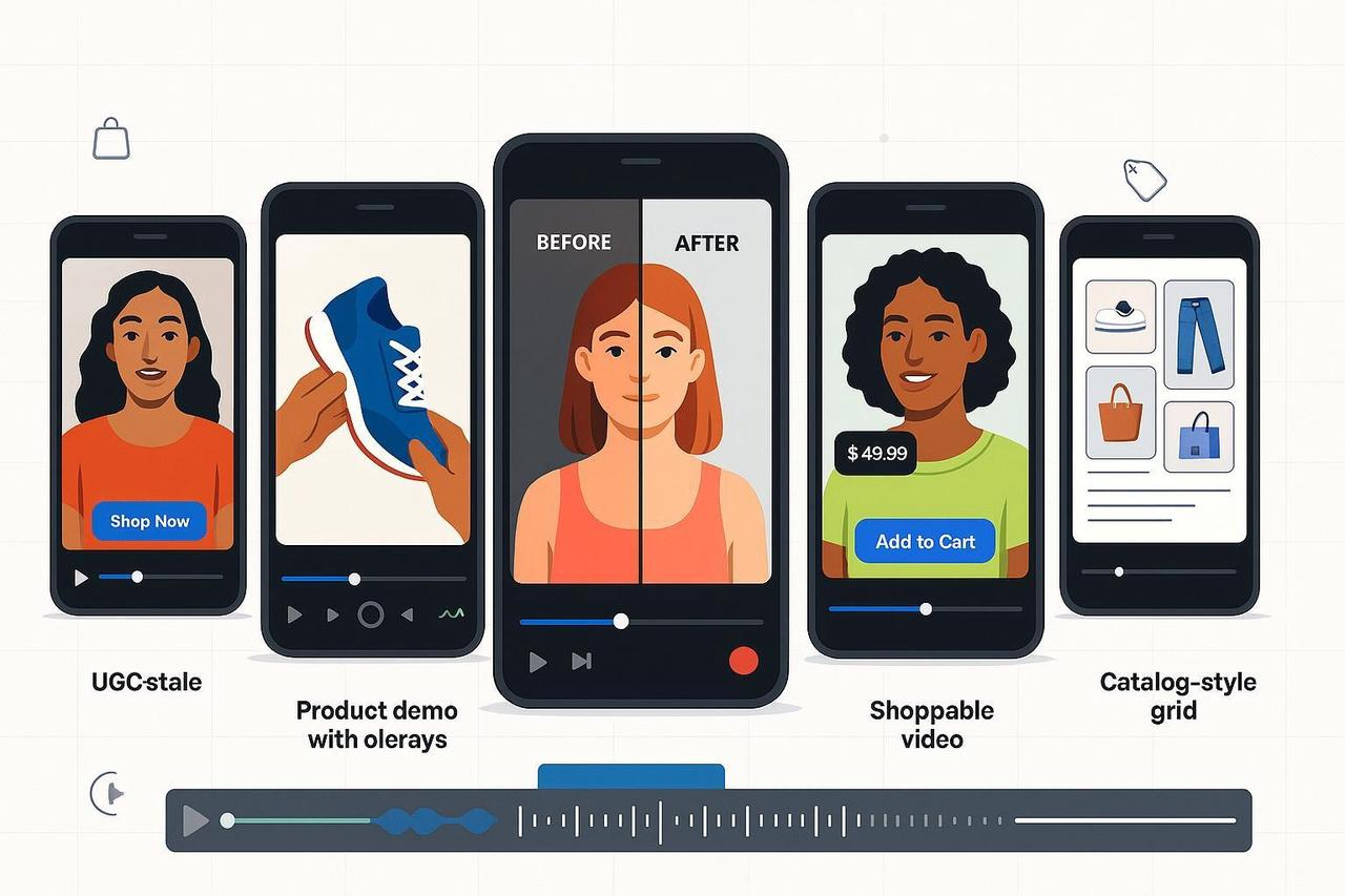 A graphic showing the best ecommerce video ads examples, categorized into funnel stages (Prospecting, Consideration, Conversion), to help guide ecommerce video production.