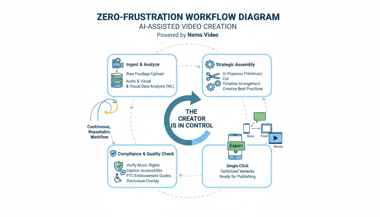 AI video workflow: Zero-Frustration, Creator-controlled, four-stage process illustration tools-apps/blogs/4ffce2ba-670b-4d0c-8bfb-3e083d0085bd.png