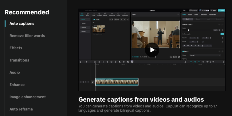 Video editing features menu showing recommended tools like auto captions, effects, transitions, enhance, and image enhancement, with text about generating captions in multiple languages. tools-apps/blogs/71864560-830b-471b-a9cd-4ed314c046f8.png