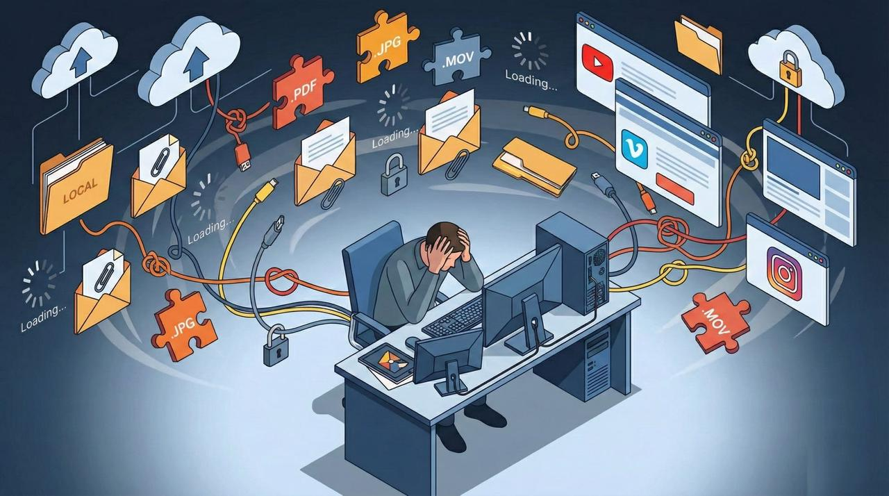 Stressed editor overwhelmed by a chaotic whirlwind of fragmented digital files tools-apps/blogs/768cecdd-39e5-421a-9893-d98b297f62e3.png