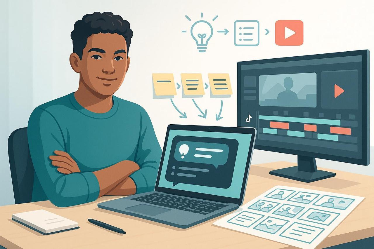 From blank page to outline to first draft: a creator uses AI to spark ideas and structure a short video. t3-step AI workflow using precise video script prompts and an AI video prompt tool to overcome the blank page.