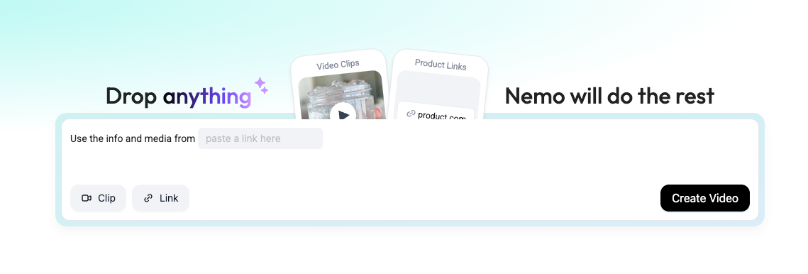 Nemo Video creation tool with options to add clips or links, product link fields, and a Create Video button. tools-apps/blogs/9ec4e03d-3ebe-41c6-a388-4543543b4404.png