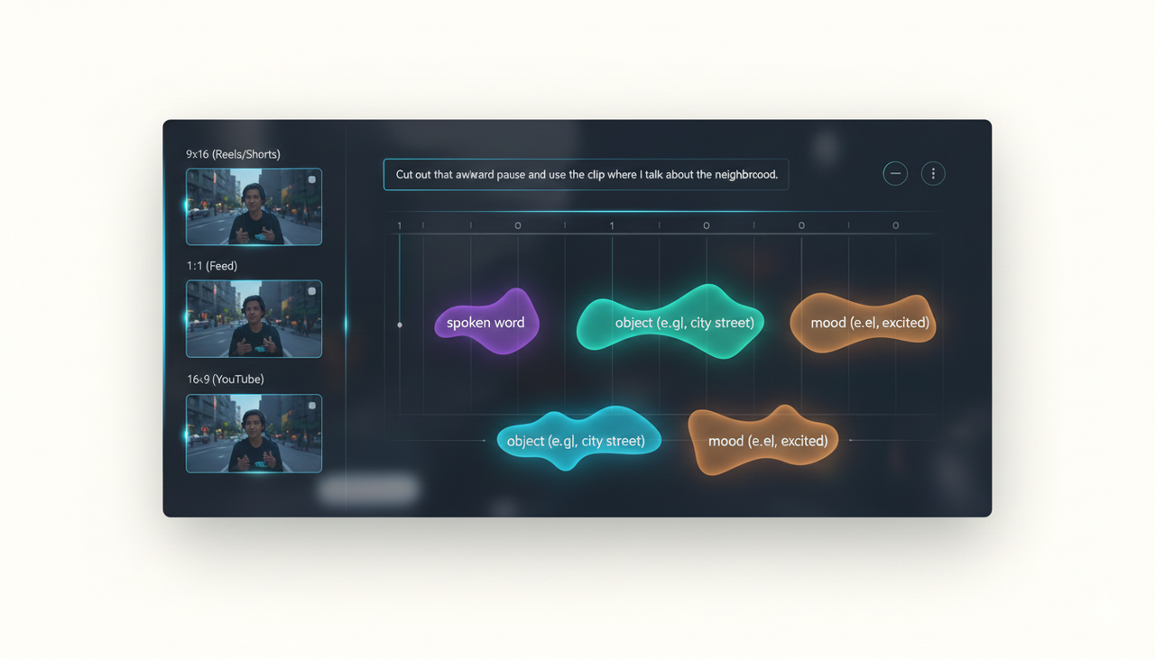 Sleek, futuristic, dark-mode video editing, holographic timeline, semantic tags, AI editing