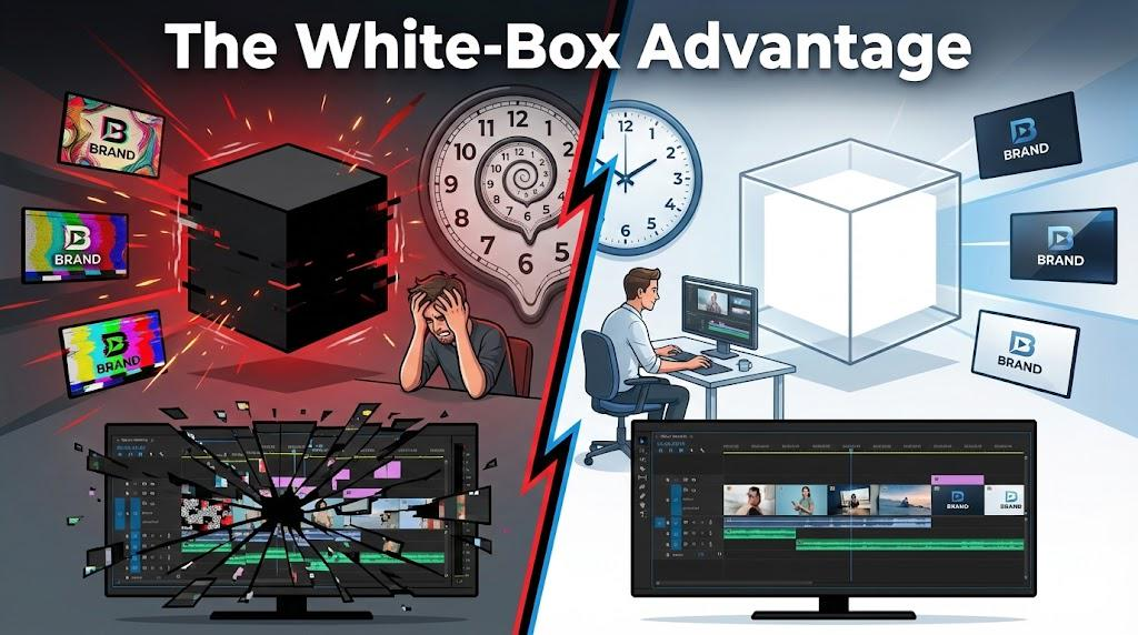 Split-screen infographic illustrating the chaotic frustration of black-box video editing tools-apps/blogs/abedfb2e-9a39-4144-b612-55bfbe822522.png