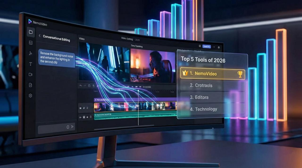 Futuristic workspace showcasing NemoVideo's AI editing and top market ranking tools-apps/blogs/c5706b51-7c2a-435d-a1dc-20ec97d01ce9.png