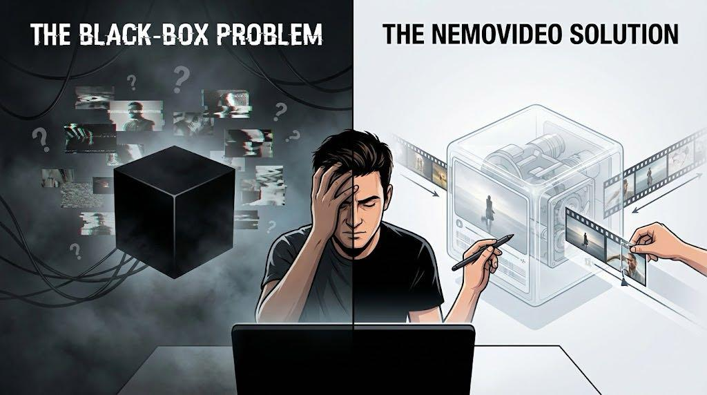 Split-screen contrasting chaotic black-box AI with Nemovideo's precise white-box workflow tools-apps/blogs/ccac726f-ef35-4020-9076-d0ed74281ba9.png