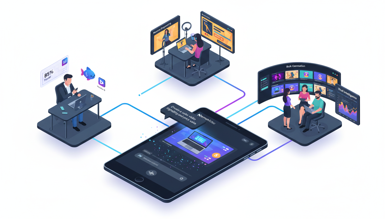 Isometric 3D ecosystem showing NemoVideo AI transforming prompts into multi-use marketing videos tools-apps/blogs/e8833eba-db59-4f55-aea2-8dd9d04ec12d.png