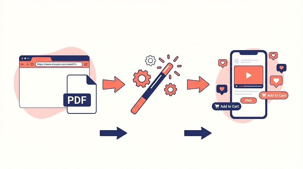 Flat vector illustration showing links and PDFs transforming into video tools-apps/blogs/f4f1dd69-5c3b-4a63-8a45-1394e38e589d.png