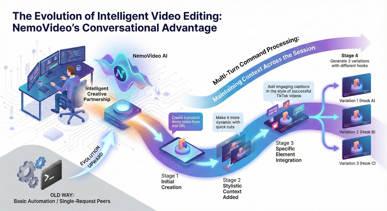 Futuristic infographic illustrating NemoVideo's advanced conversational AI video editing workflow tools-apps/blogs/f53ef51b-942b-4ecd-a231-5f5a862c4f49.png